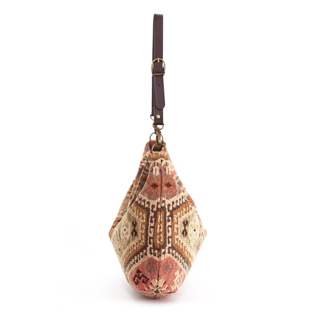 Tapestry Hobo Bag with brown leather strap, by Umpie Handbags - side view