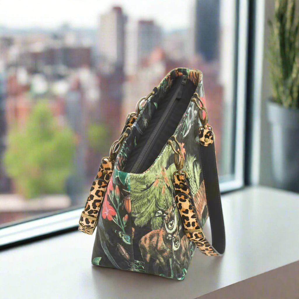 Tiger Shoulder Bag in black velvet with leopard print  leather straps, by Umpie Handbags - zip-top view