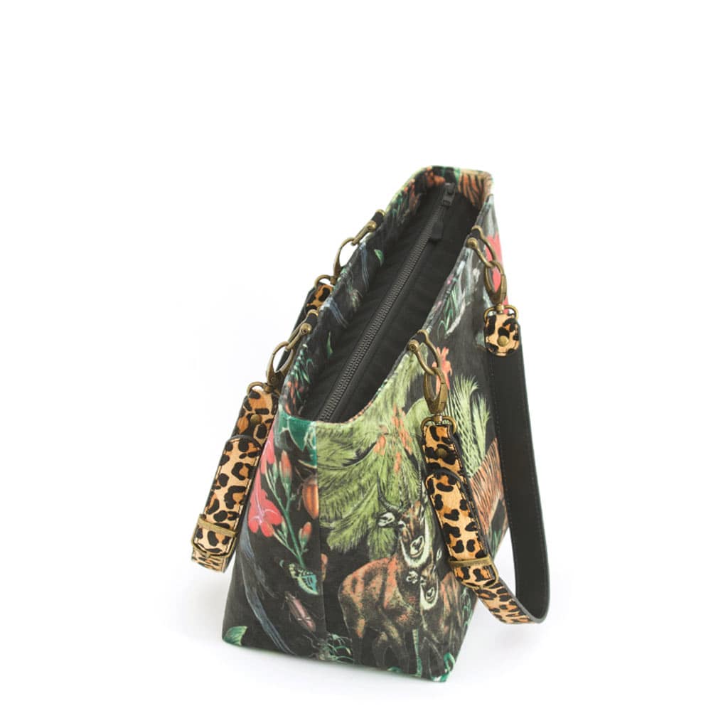 Tiger Shoulder Bag in black velvet with leopard print  leather straps, by Umpie Handbags - zip-top view