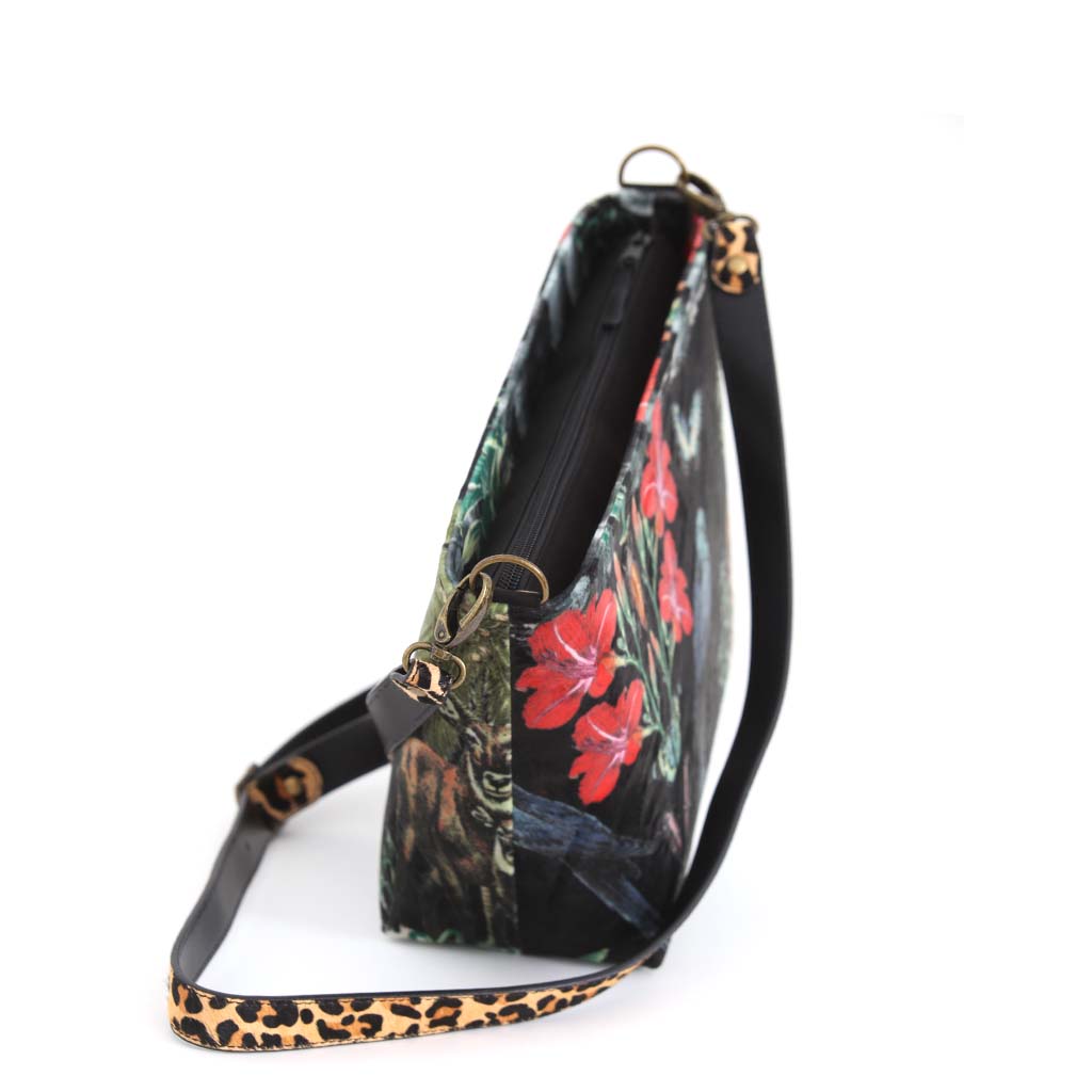Tiger Crossbody Bag with animal print leather strap, by Umpie Handbags - zip-top view