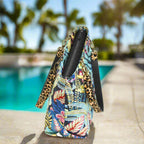 Floral Tote Bag with Leopard print leather straps by Umpie Handbags - zip-top view