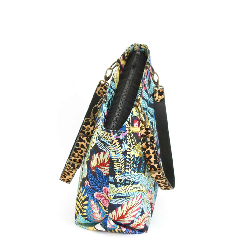 Floral Tote Bag with Leopard print leather straps by Umpie Handbags - zip-top view