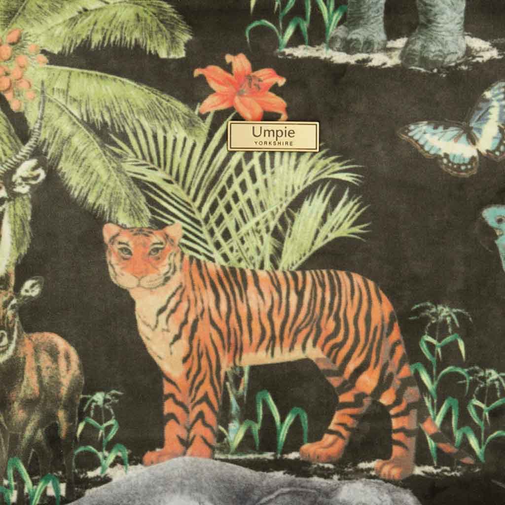 Close-up of velvet tiger print showing luxurious texture and bold animal pattern detail by Umpie Handbags