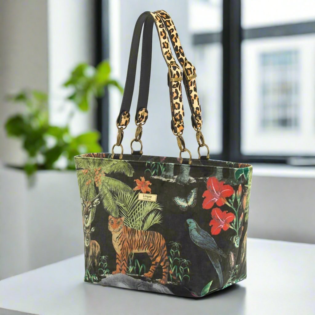 Front view of Velvet Tiger Shoulder Bag featuring sumptuous velvet with striking tiger stripes by Umpie Handbags