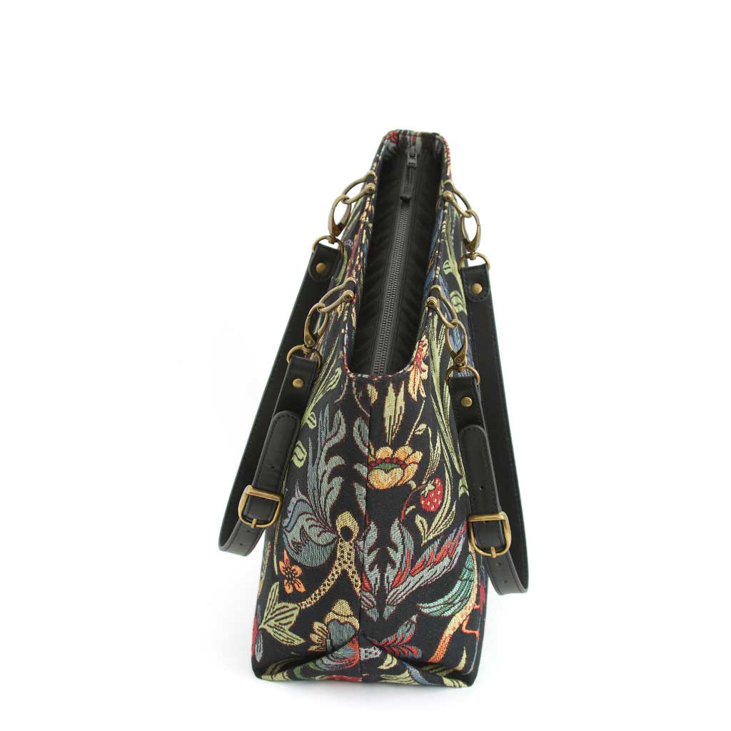 William Morris Tote Bag with black leather straps by Umpie Handbags - zip-top view